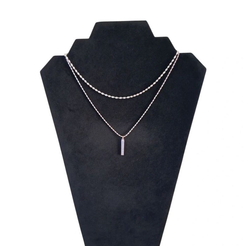 Silver Toned Metal Double Strand Rectangle Bar Pendant Lightweight Necklace